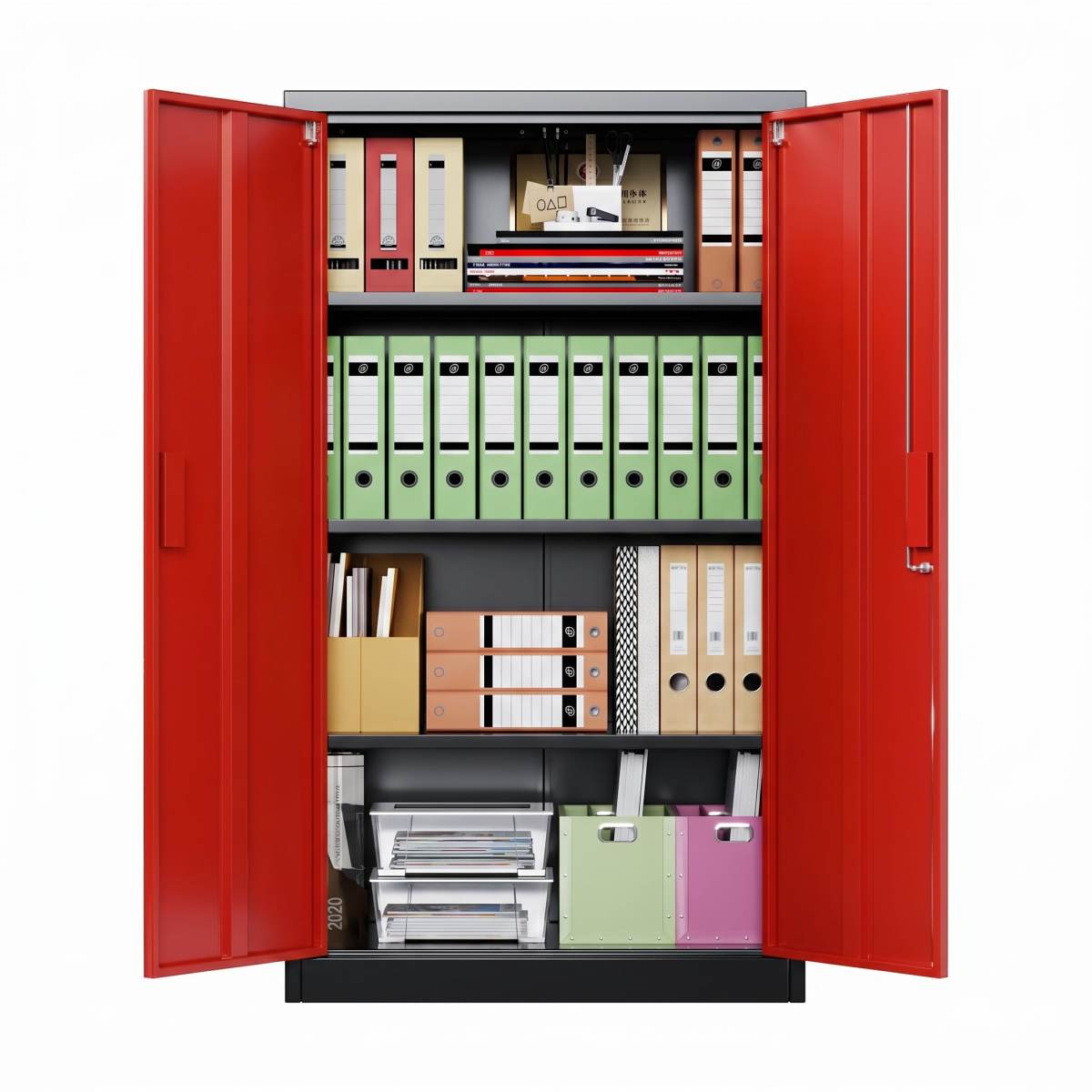 Metal Garage Storage Cabinet, Lockable Steel Storage Cabinet With 3 Adjustable Shelves For Garage, Office, Home, Assembly Required, Black & Red