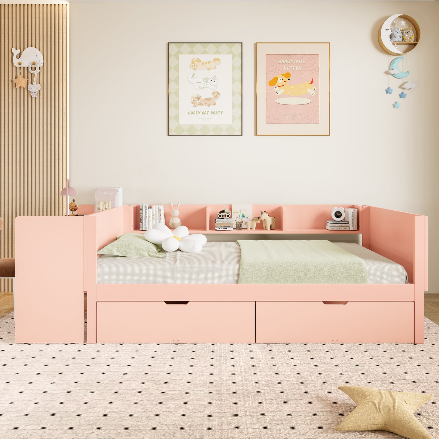 Flat Bed, Wooden Bed, 90x200cm, With Desk, Equipped With 2 Drawers, Single Bed Without Mattress , With Shelves, Pine Chipboard, Pink