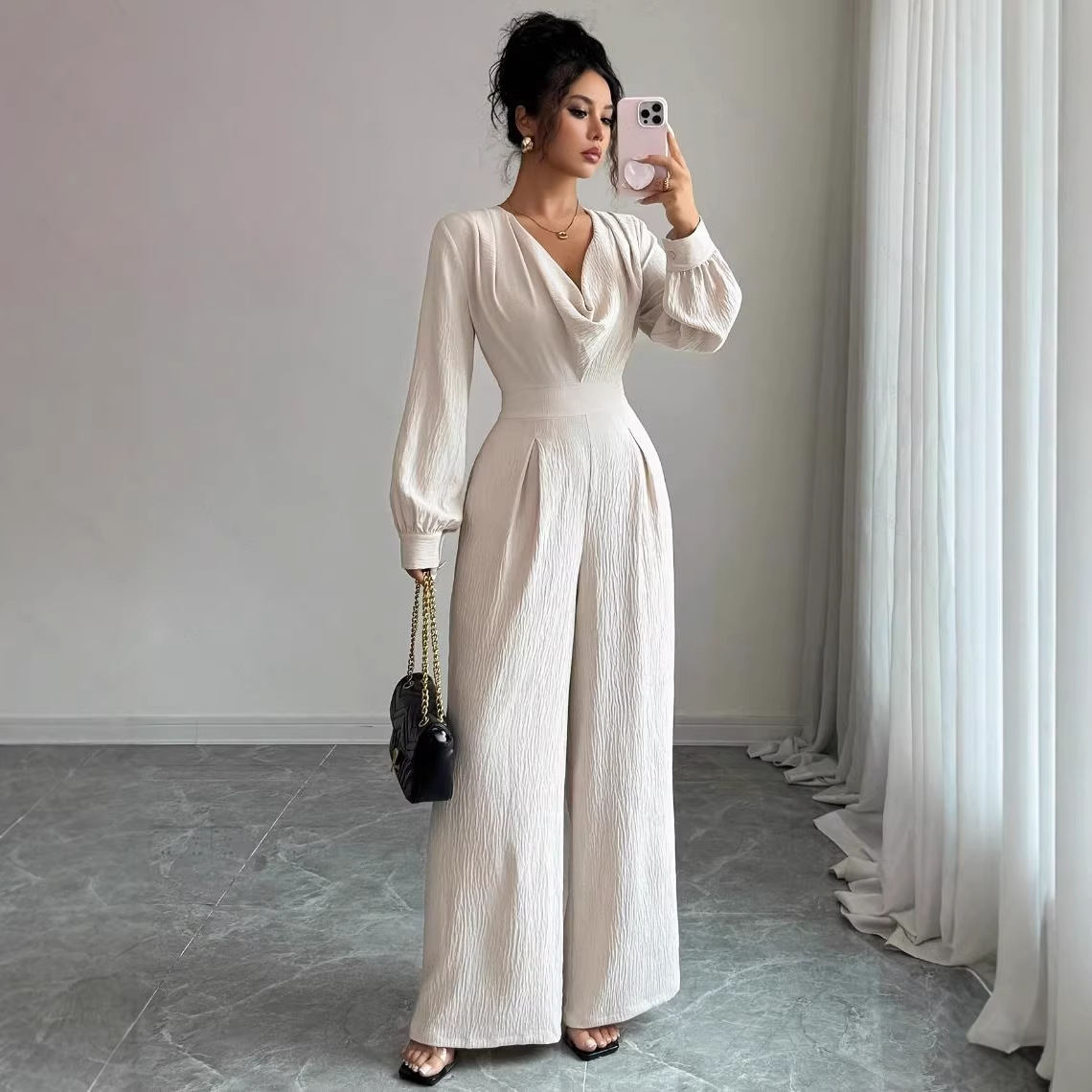 Womens Solid-Color Elegant Off-the-Shoulder Long-Sleeve Jumpsuit For The Office