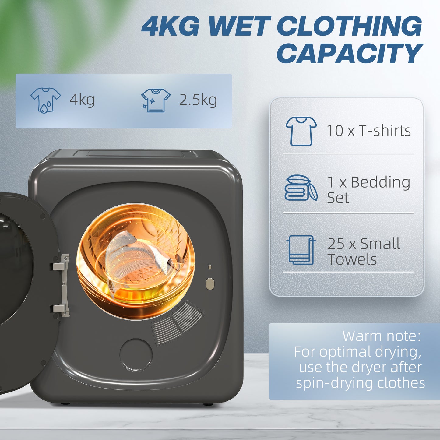 4kg Vented Tumble Dryer With Deodorize, Smart Mode, 800W Compact Tumble Dryer With Stainless Steel Tub, Front Load, For Flat, Home, RVs, Grey