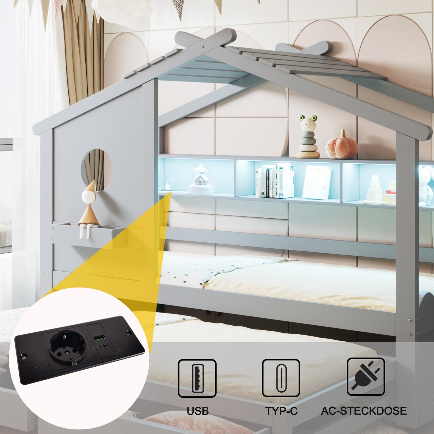 Cot 90X200, With Trundle Bed 90X190, House-shaped Design, With Two Drawers, With USB And Type-C Charging Ports And LED, With Shelves, Multifunctional Bed, Gray