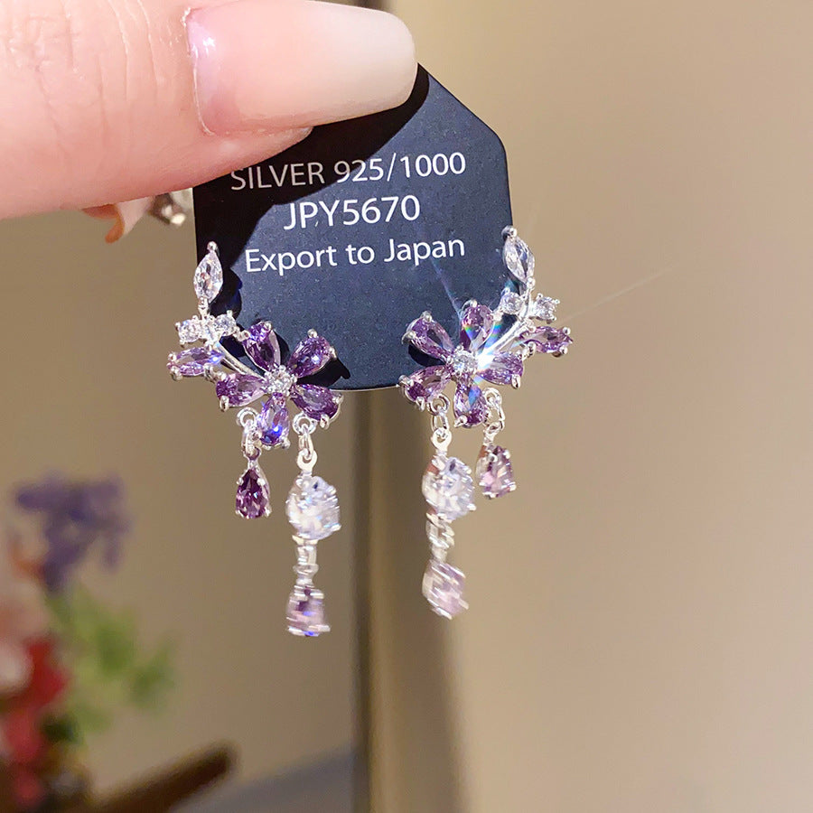 Korean Elegant Crystal Earrings For Women Purple Flower Rhinestone Premium Versatile
