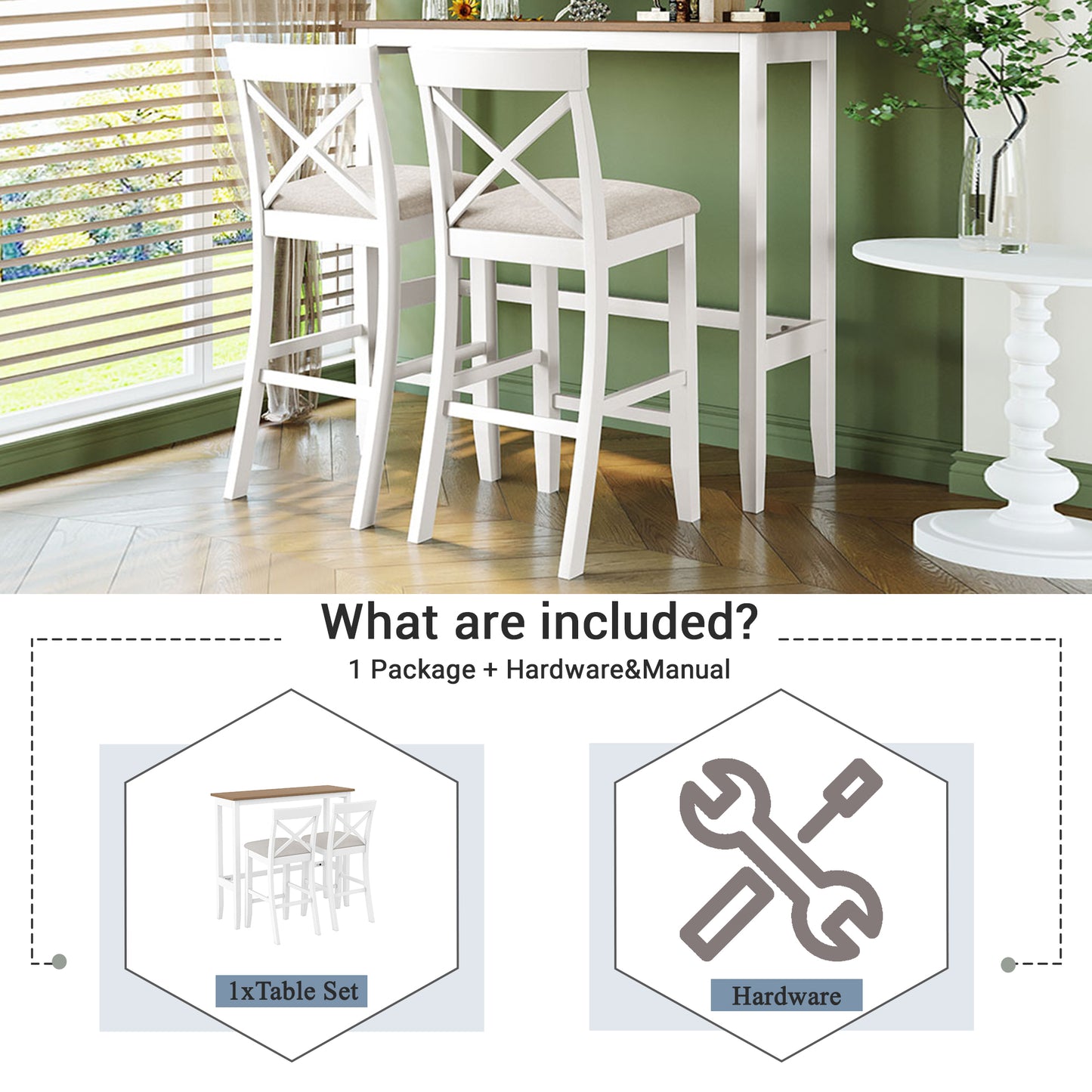TOPMAX Farmhouse 48 Rectangular Wood Bar Height Dining Set Kitchen Breakfast Nook With 2 Chairs For Small Places,Brown White Beige