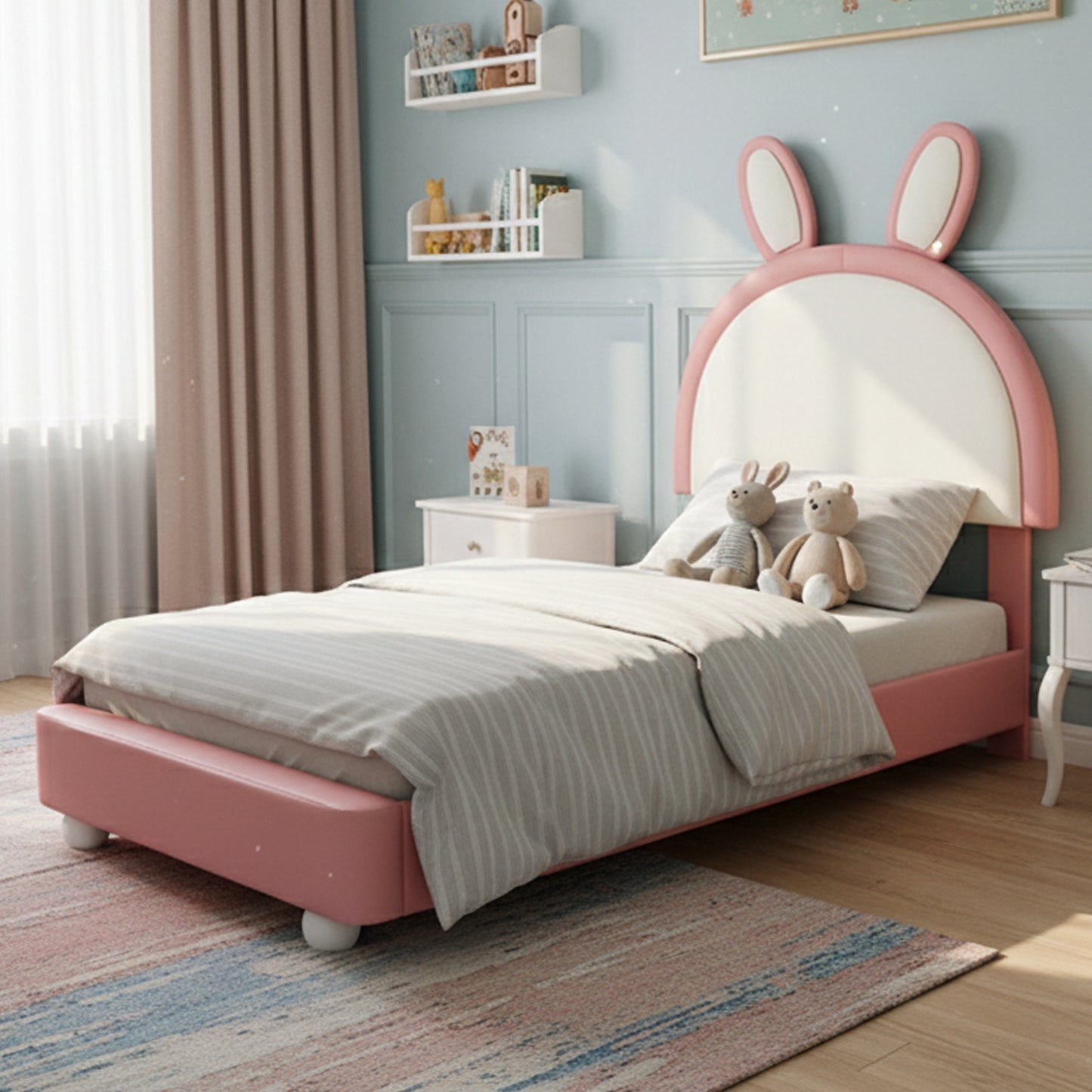 Upholstered Bed, Single Bed, Bunny-Shaped Headboard, With LED Light Strip, Soft Anti-Collision Sponge Edge, Sturdy Bed Frame, PU Plywood, Pin K White, 90x200cm