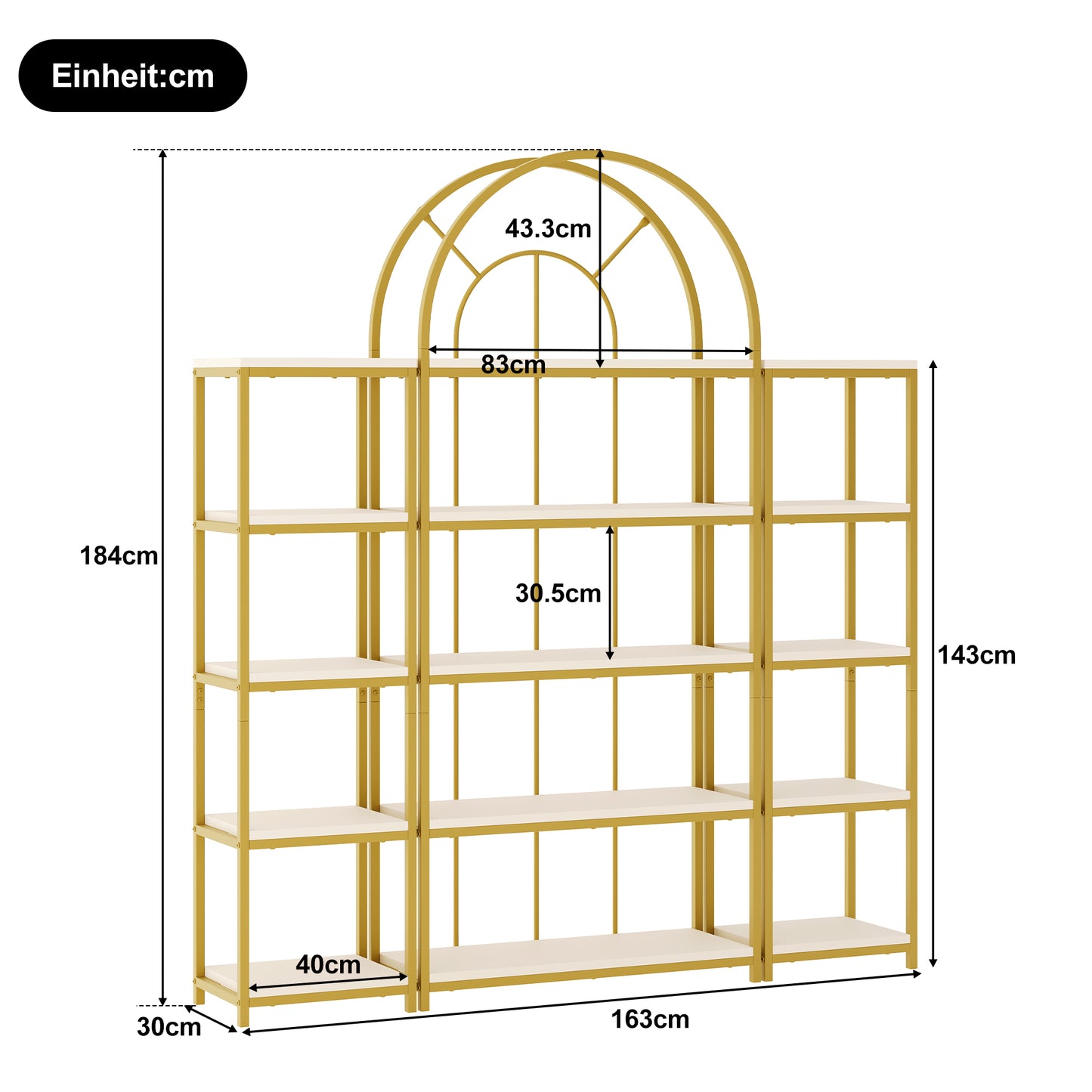163X30X184 Cm Standing Shelf Set Modular Bookcase With Gold Metal Frame & White MDF Shelves, 3-Piece Shelf With Arch Design, Display Shelf For Living Room, Kitchen & Office Display Cabinet, Shelf, B