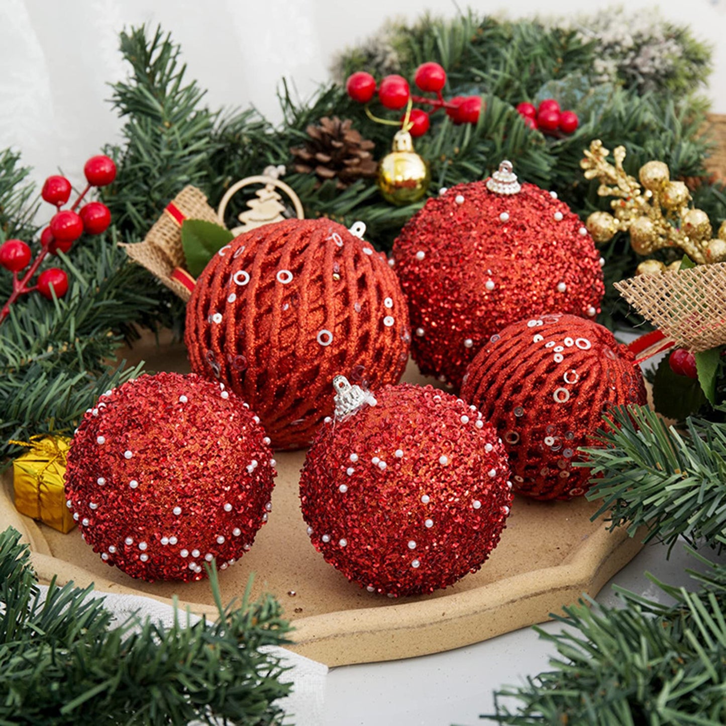 6Pcs Xmas Tree Snowball Ornaments Pendant Decor Foam Wedding Decoration Scene Props 10cm Red