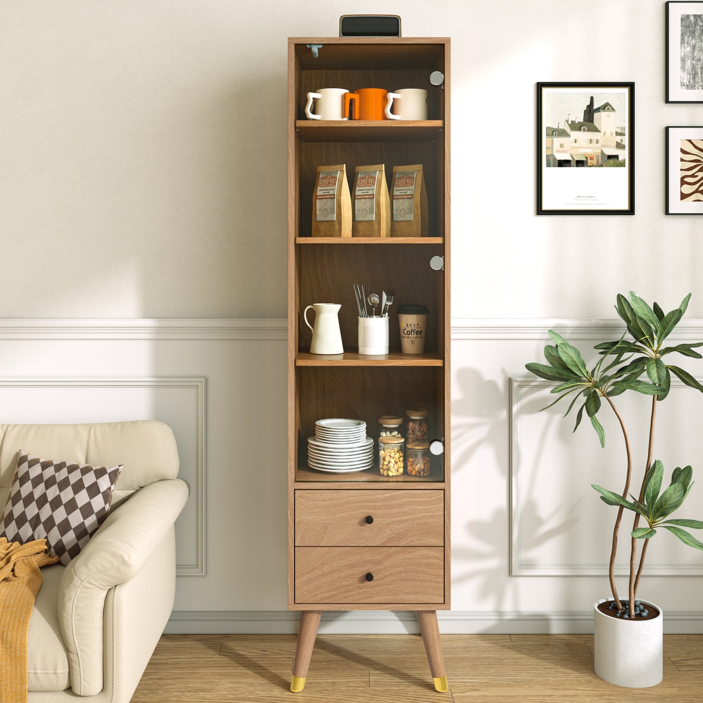 Modern Tall Cabinet With Glass Door, Display Cabinet With Adjustable Shelves And 2 Drawers, Floor-standing Cabinet For Living Room, Bathroom & Office In Wood Look
