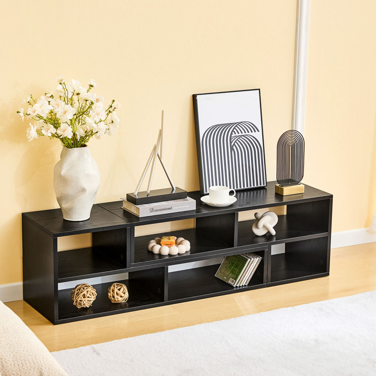 Adjustable Modular TV Stand, Black Open Storage Console Cabinet, Modern Entertainment Center With Multi Compartments, Freestyle Combination Media Shelf For Living Room Bedroom