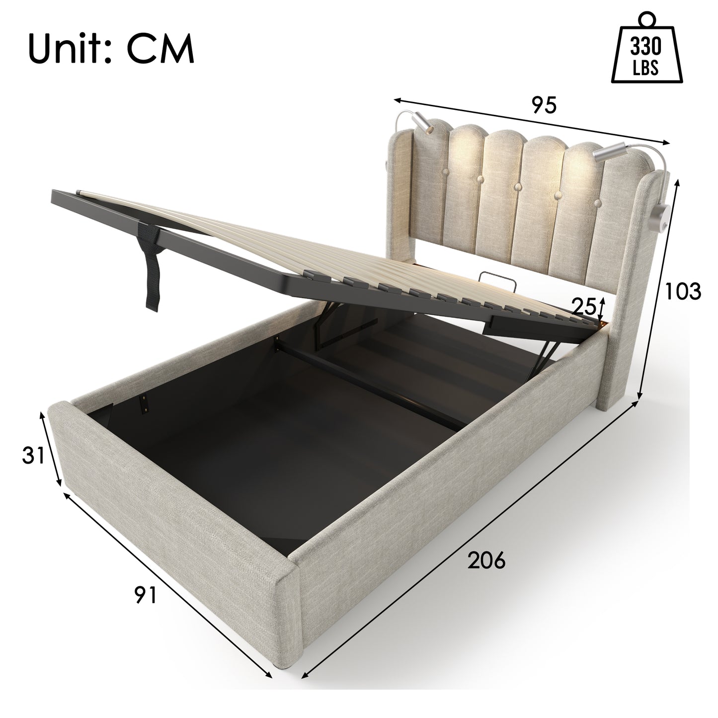 Upholstered Bed Single Bed Reading Light With Charging Function Head Part Storage Room Bed Frame Linen Material Youth Bed 90x200 With Slate Grating,Natural With Mattress