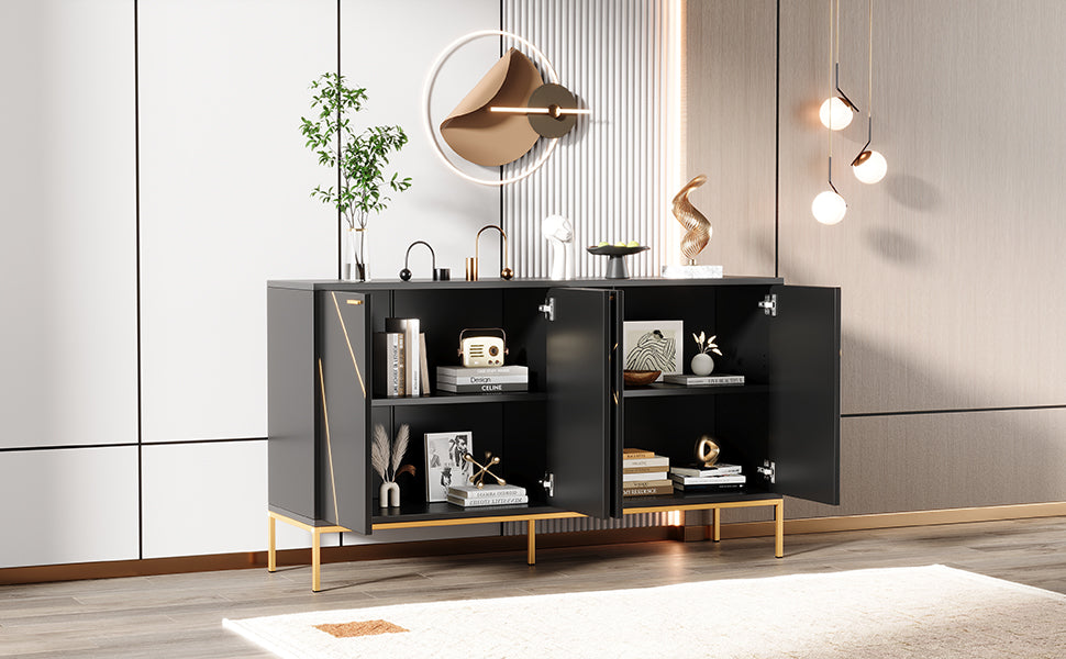 Sideboard With Four Doors, Metal Feet, TV Cabinet, Wardrobe, Linear Design With Metal Line Decor, Black Golden, Dimensions H 80cm W 150 Cm D 40 Cm
