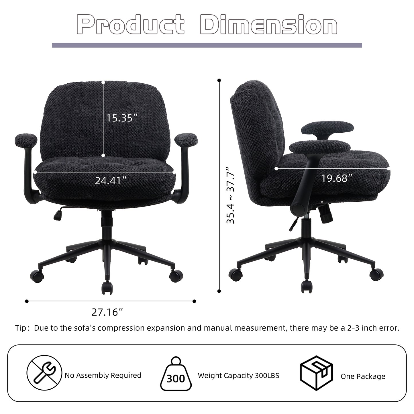 Cross Legged Office Chair With Flip-Up Arms, Adjustable Height Swivel Desk Chair, Wider & Thickened Cushion Ergonomic Rolling Chair For Home Office, Vanity, Study,Black.