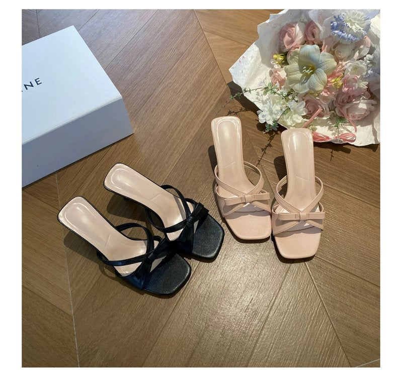 Summer New Style With Thick Heels And High Heels, Women's Fashion Temperament, Bow Tie Style, Square Head, Thick Heels And High Heels, Cool Down