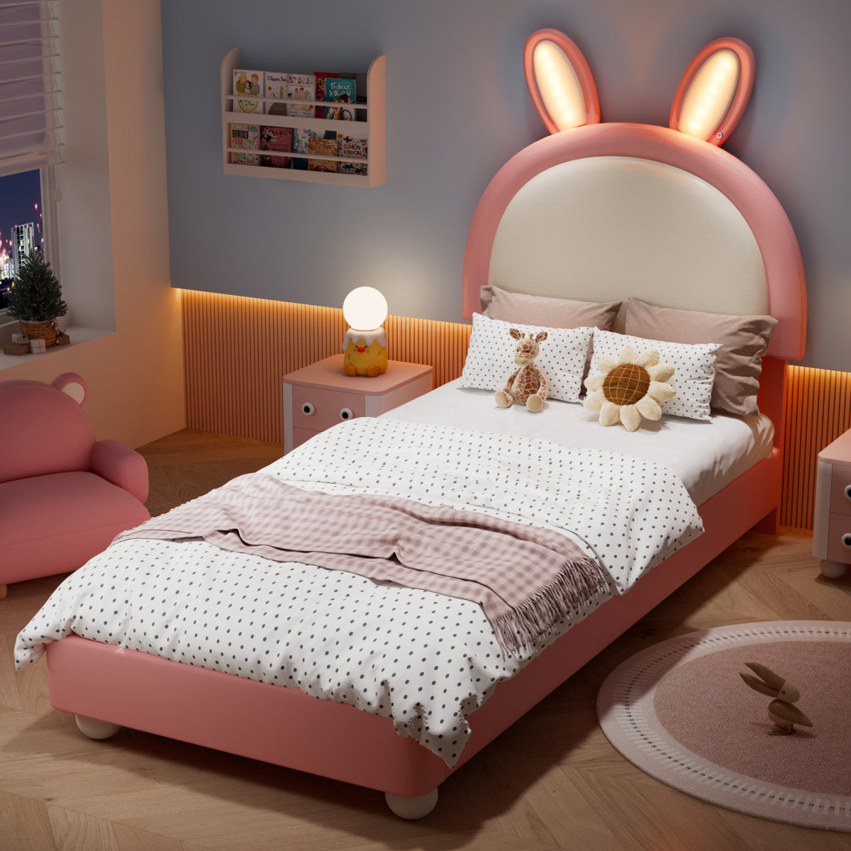 Upholstered Bed, Single Bed, Bunny-Shaped Headboard, With LED Light Strip, Soft Anti-Collision Sponge Edge, Sturdy Bed Frame, PU Plywood, Pin K White, 90x200cm