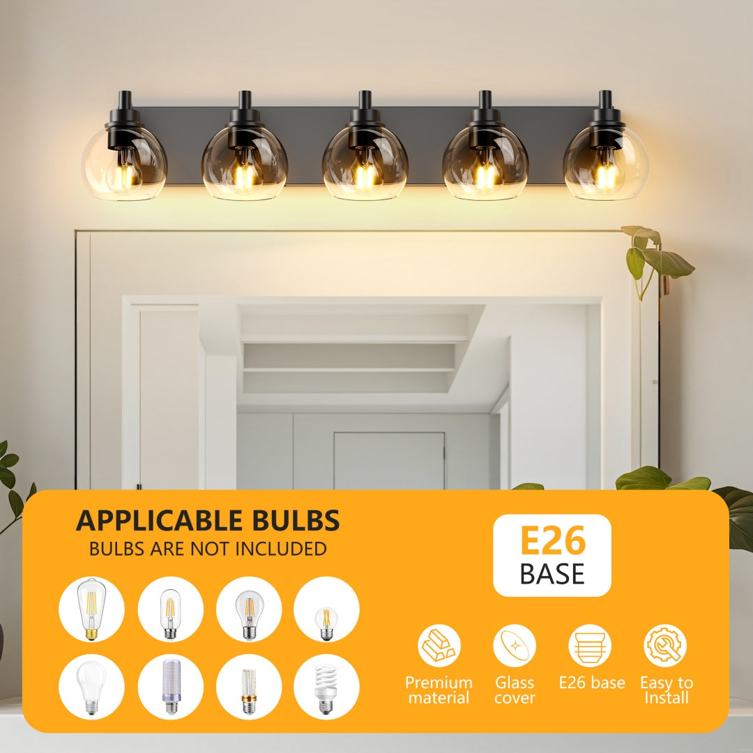 Bathroom Light Fixtures Over Mirror 5-Lights Bathroom Vanity Light With Clear Globe Glass Shade Modern Black Vanity Light Wall Sconce Vanity Lighting For Bath Bulbs Not Included