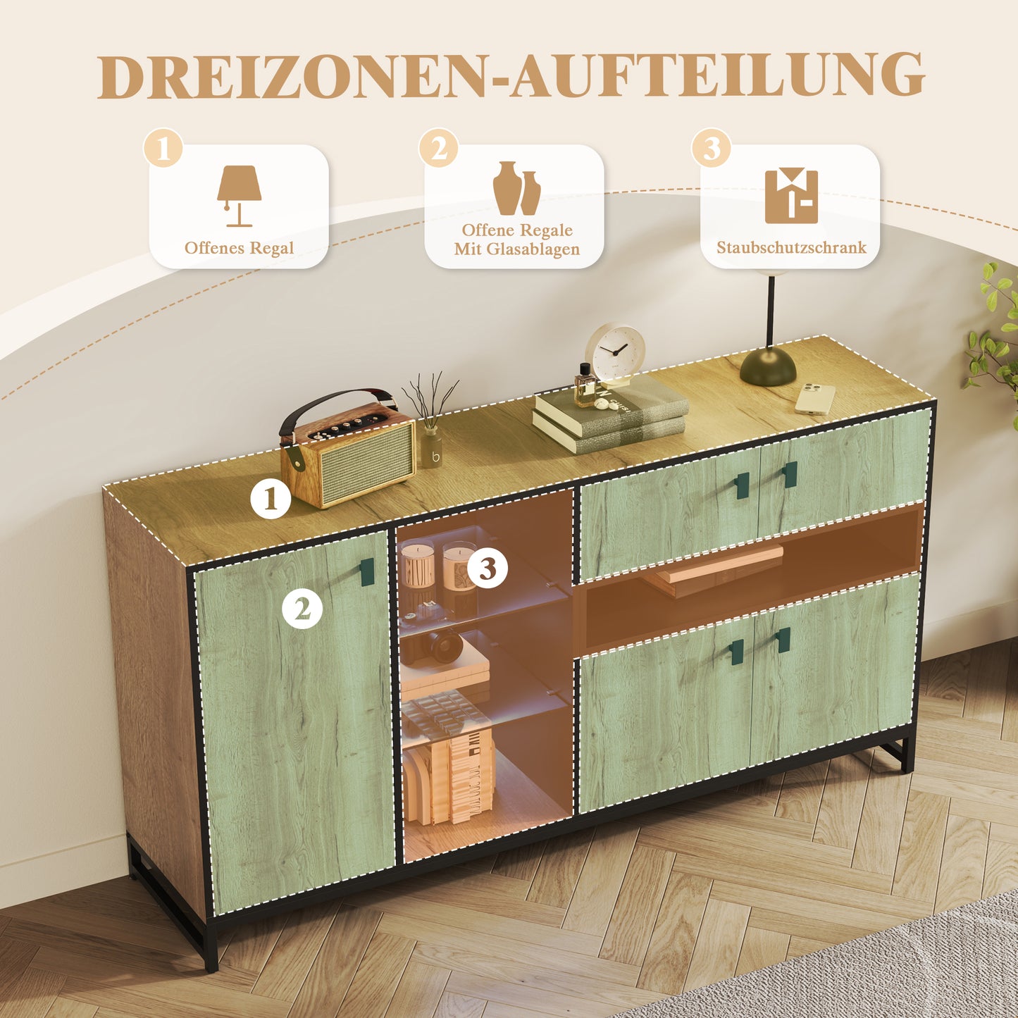 Modern Minimalist Storage Cabinet With Double Doors, Open Shelf, Glass Shelves And Adjustable Interior Dividers Versatile Storage Solution For Living Room, Dining Room And Office.