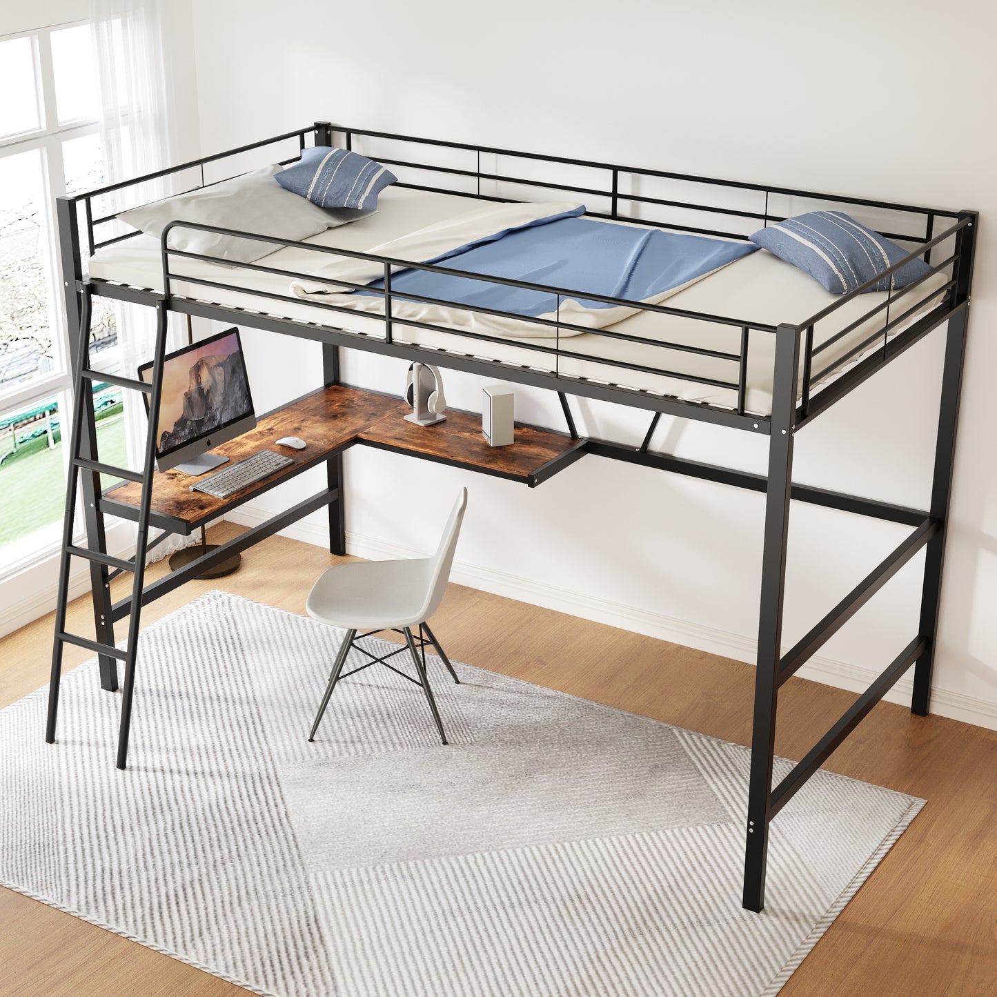 90x200cm Bed Frame Metal Bed, Iron Bed, Loft Bed With L-shaped Desk And A Shelf For Children, Teenagers And Adults, Black
