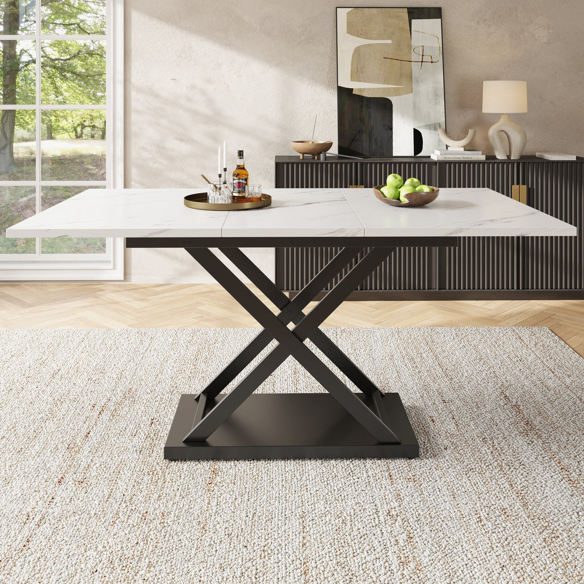 Telescopic Dining Table 120-160x80cm ,Extendable Dining Table ,Space Saving Kitchen Table,Black Crossed Iron Legs,For Kitchen And Living Room,White Marbled Dining Table