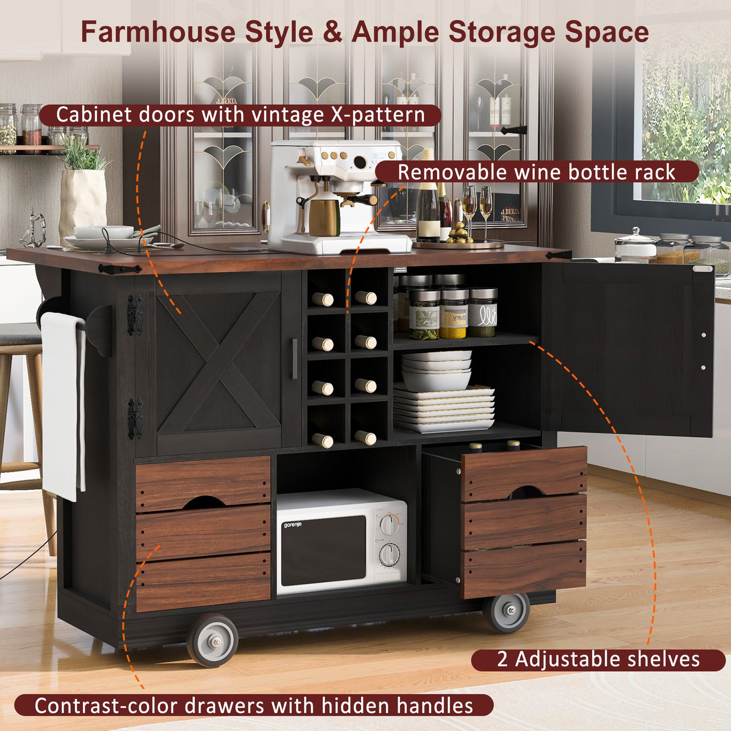 K&K 54 Farmhouse Kitchen Island With Drop Leaf, Power Outlet, Kitchen Storage Cart With 2 Doors, 2 Drawers, Rolling Kitchen Island On 4 Large Wheels With Spice Rack For Kitchen, Dining Room, Black