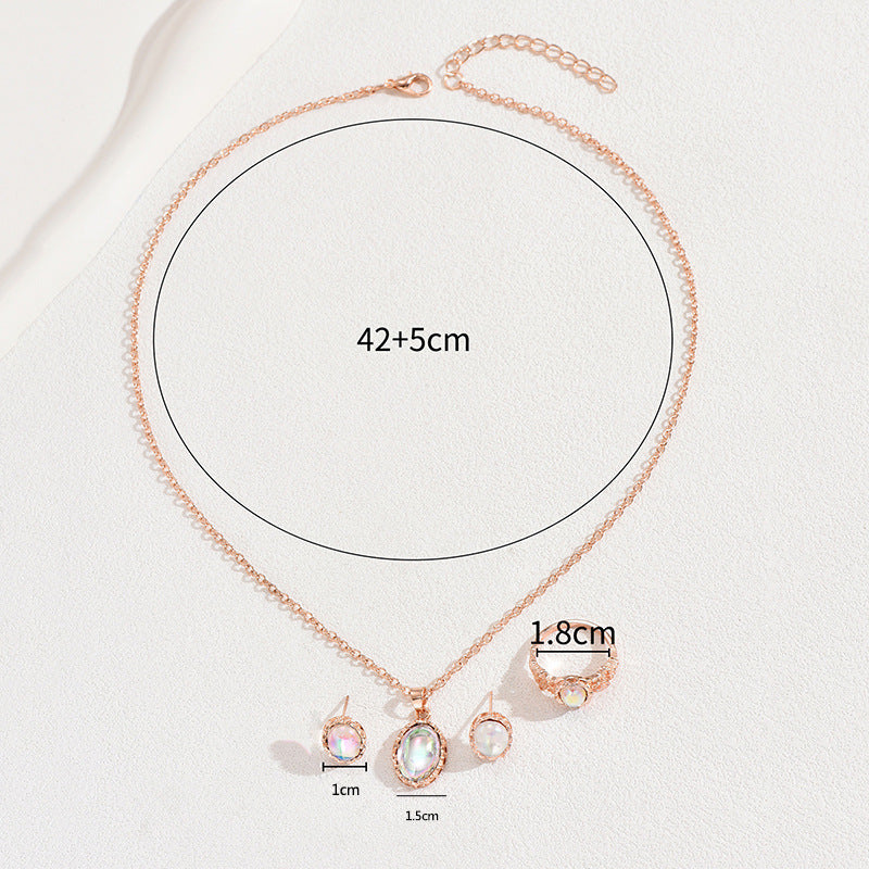 Cross-border European American Women Jewelry Set, Niche Inlaid Cubic Zirconia Necklace, Plain Band Ring & Matching Earrings, Premium Texture Versatile Daily Accessories