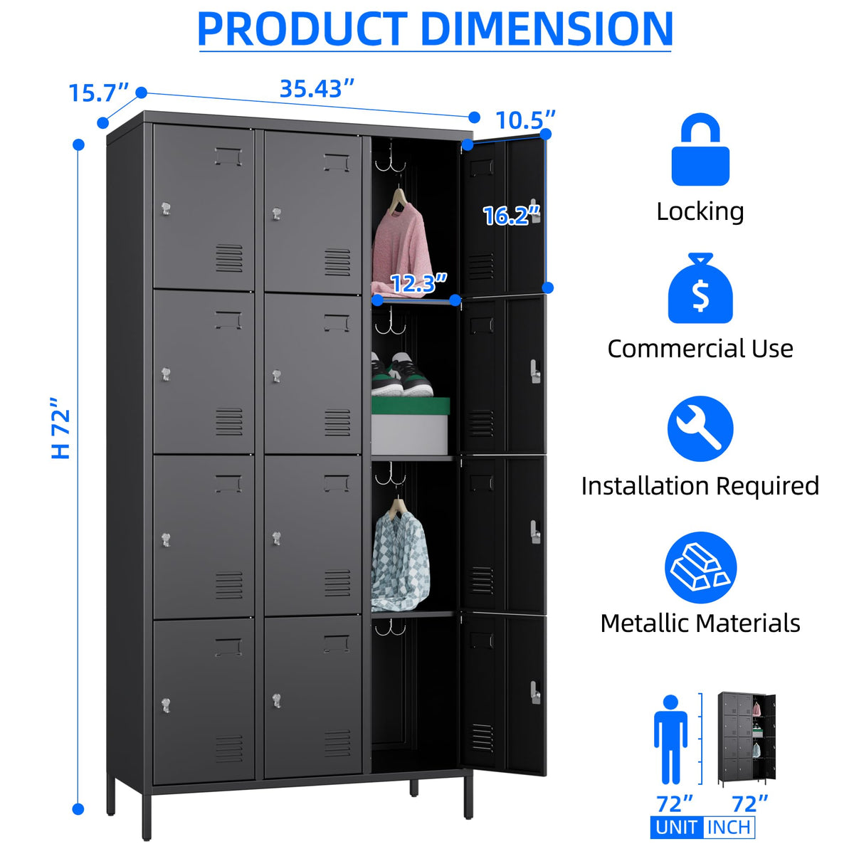 METAN Metal Locker For School Office Gym Bedroom, 12 Doors Black Steel Storage Locker Cabinet For Employees, Industrial Storage Locker, Assembly Required 12 Door-Black