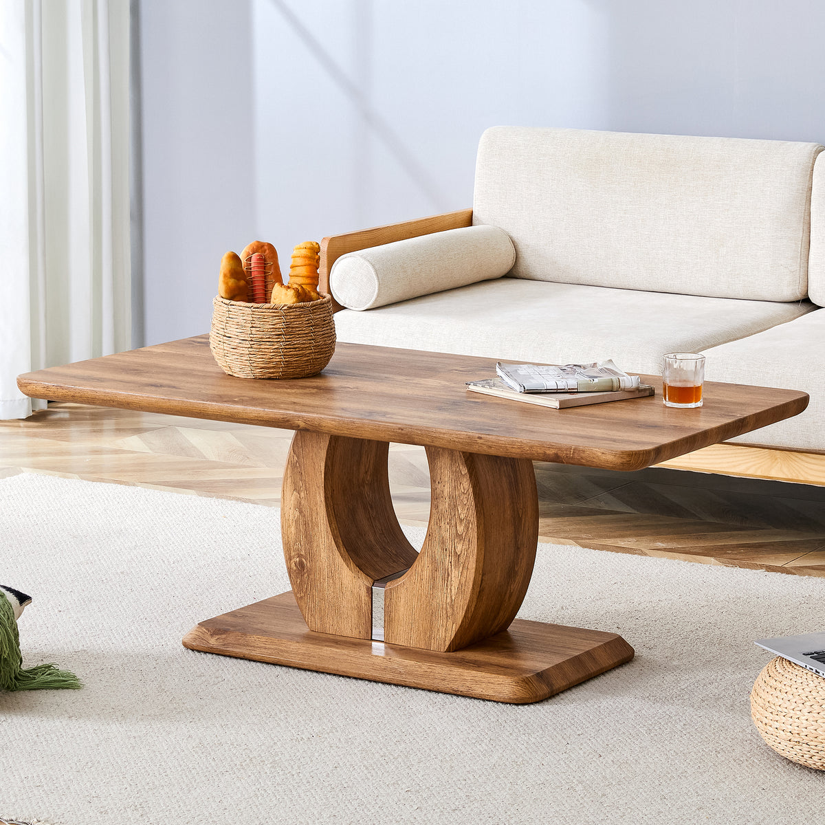 Modern Simple Luxury Rectangular Coffee Table In Wood Color. The Computer Desk. The Game Table. Suitable For Dining Room, Living Room, Terrace, Kitchen. 47 Inx 25.6in18in