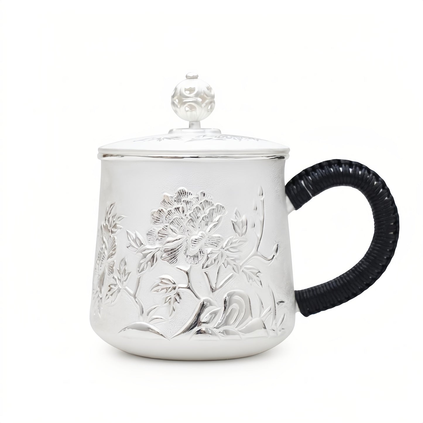 925 Sterling Silver Ornate Handcrafted Silver Tea Mug Featuring Floral Relief, Decorative Lid, and Black Braided Handle - Handicraft