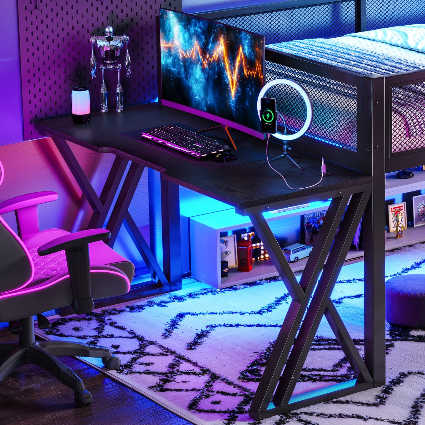 Full Size Gaming Loft Bed With Desk Of X-shaped Leg ,LED Lights, USB Ports, Staircase & Mesh Guardrail - Black Metal Frame, Space-Saving Elevated Bed For Dorms, Bedrooms, & Gaming Setups