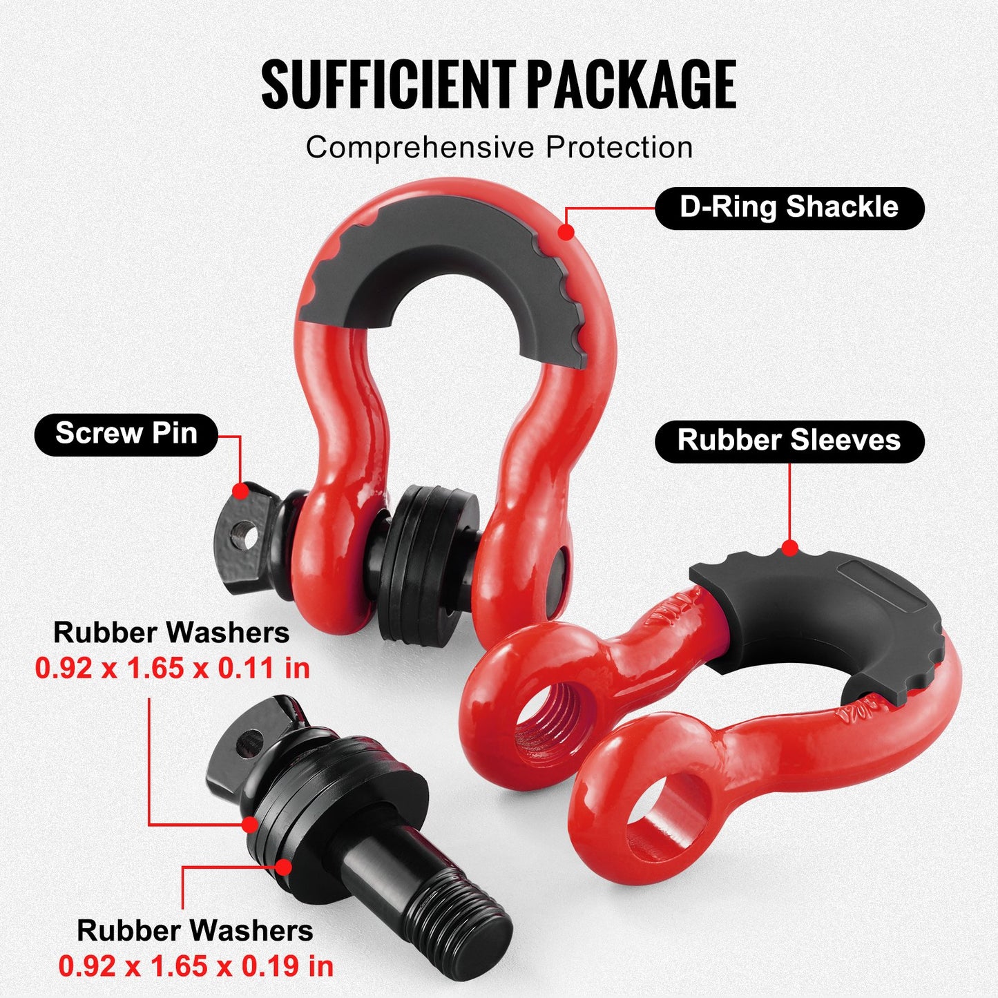3/4" D-Ring Shackle, 2 Pack Alloy Steel Shackles 62832 Lbs (28.5 Ton) Break Strength With 7/8" Screw Pin, Isolators & Washers, Heavy Duty Off Road Vehicle Recovery Shackle For Jeep Truck, Red