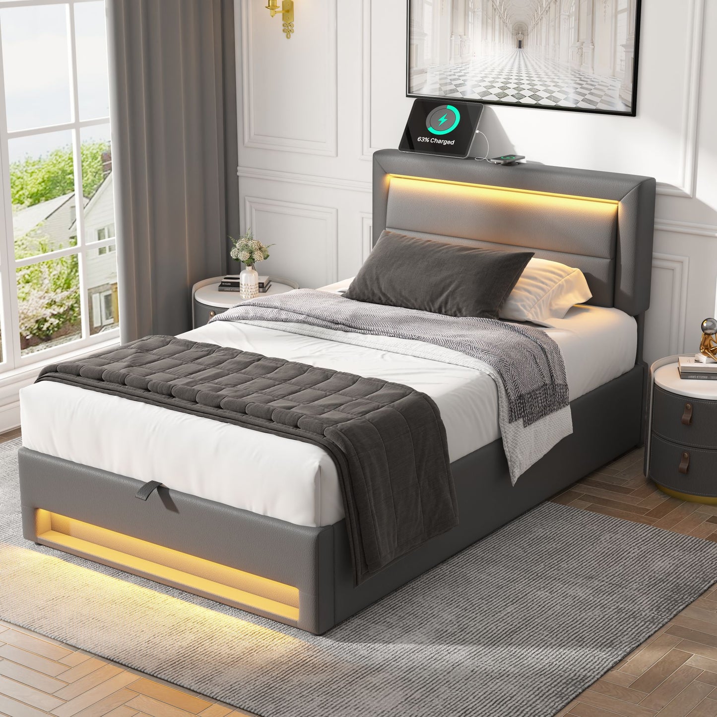 Upholstered Bed 90 X 190 Cm, With USB Port Supports Wireless And Wired Charging , With LED Lighting And Storage, Without Mattress, PU Lychee Pattern,Grey