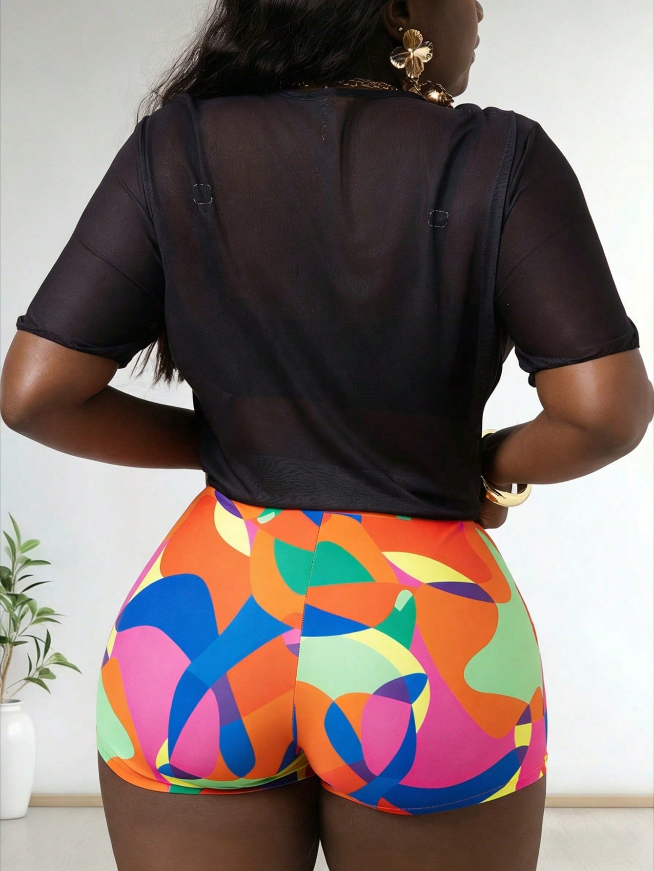 2026 New Art Face Print Set, Sheer Short Sleeve & Geo Shorts, Streetwear Plus Size Women's Clothing Swimsuits For Woman