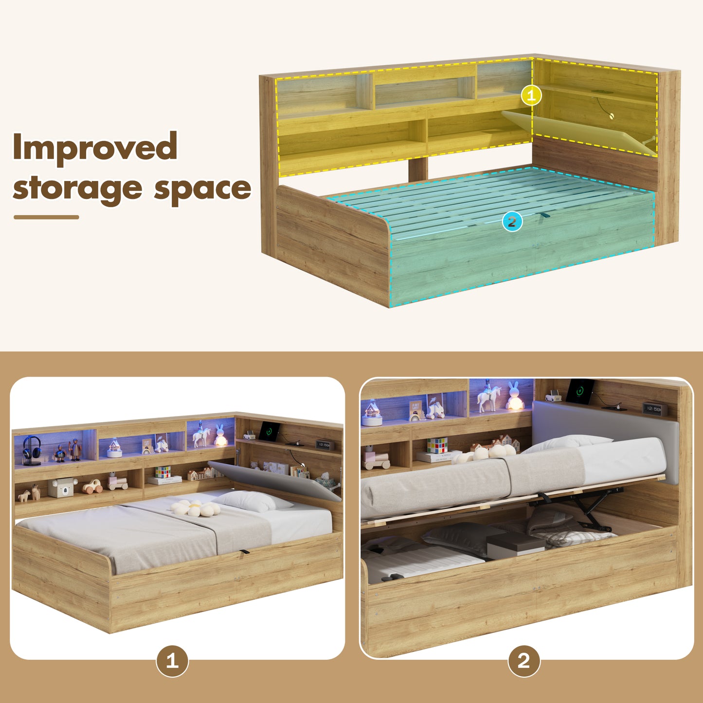 Daybed, Hydraulic Storage Bed, Children's Bed 90x190 Cm , Wooden Bed, Youth Bed, With USB Charging Station And LED Lighting, Natural Color