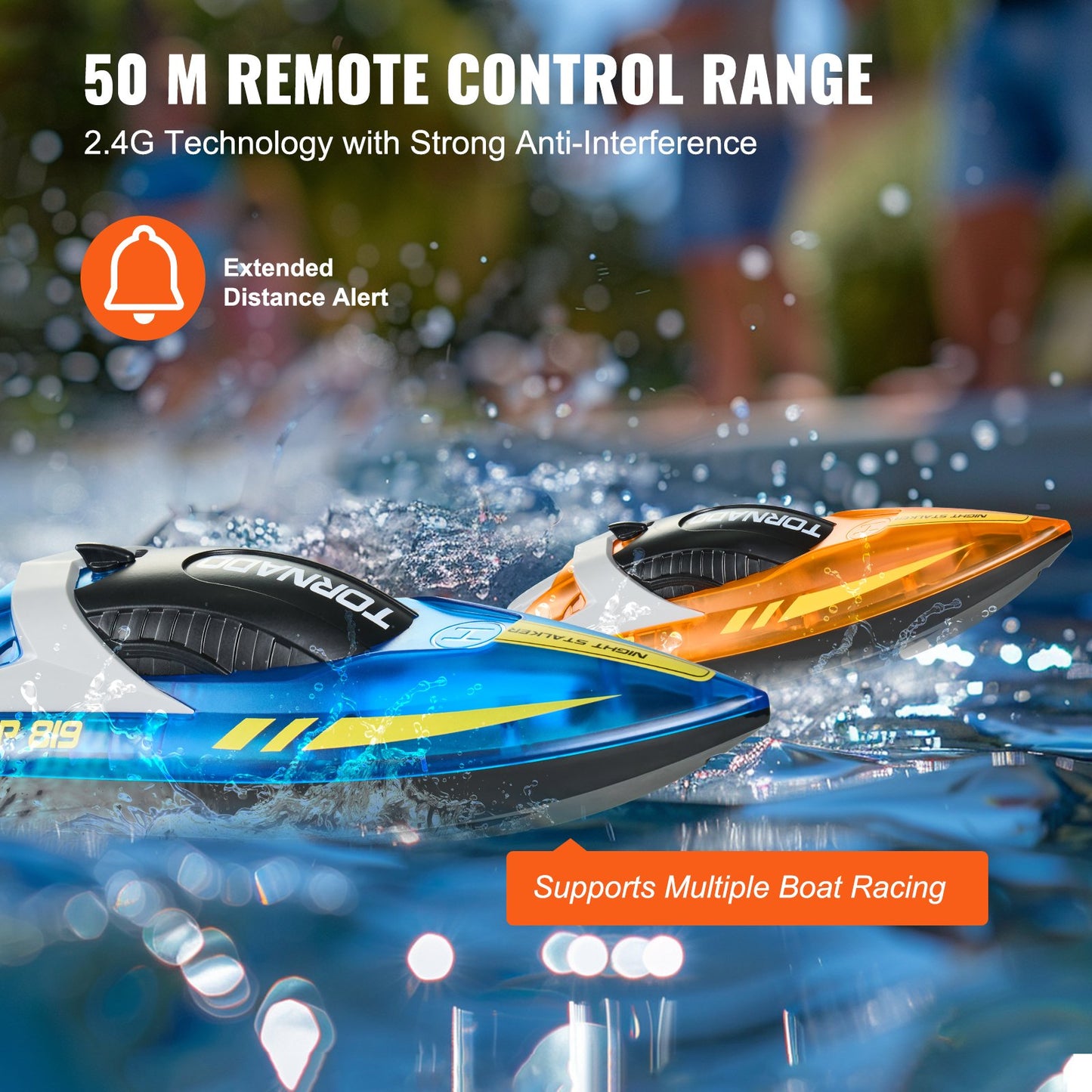 RC Boat, 2 Pack 2.4GHz 12 Km/h, Remote Control Boat For Pools & Lakes, Racing Boat With LED Light, 4 Rechargeable Batteries, Whole Body Waterproof, Gift For Adults Boys & Girls, Blue & Orange
