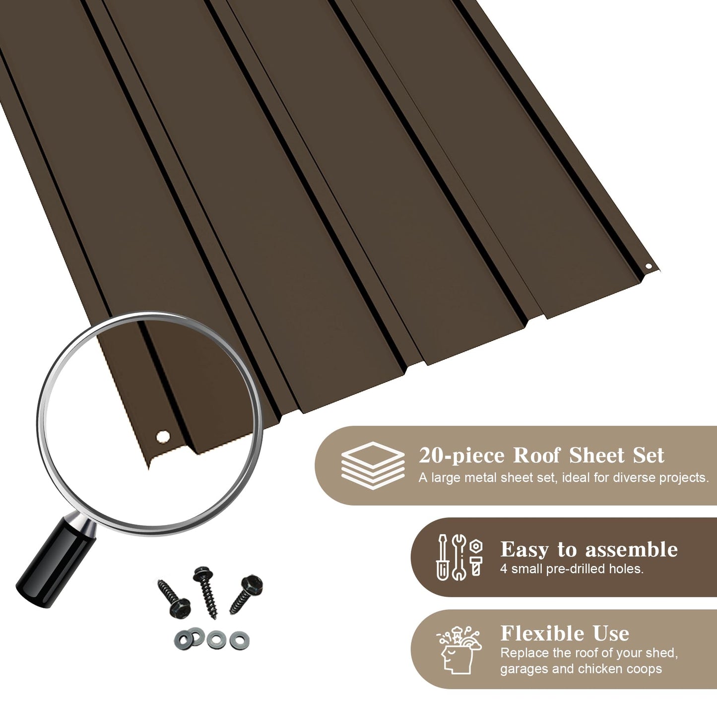 20 PCS Metal Roofing Panels, Galvanized Steel Corrugated Roof Panels Waterproof Heavy Duty Metal Siding Panels With Screws For Pergola Gazebo Garage Sheds Mobile Home Brown