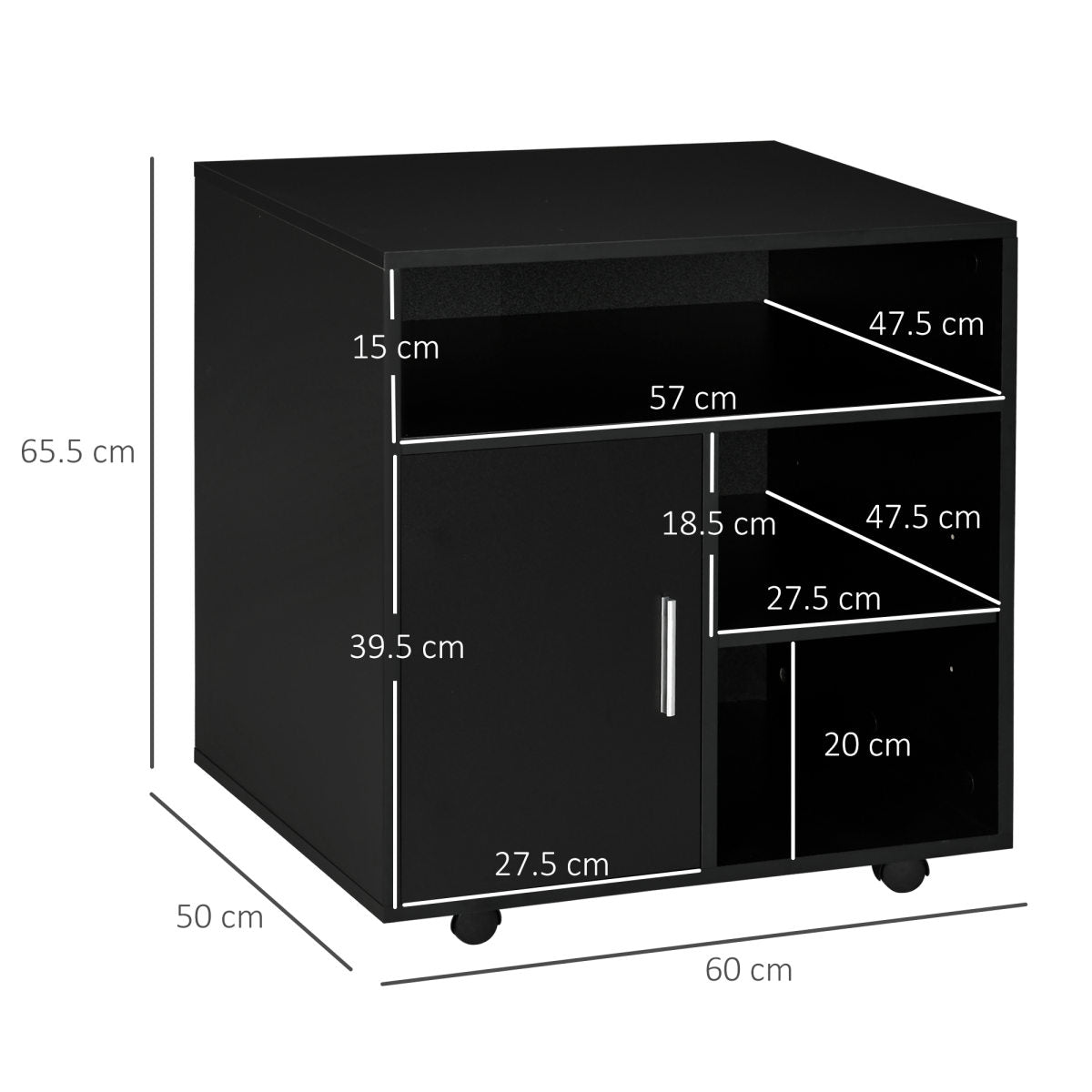 Multi-Storage Printer Stand Unit Office Desk Side Mobile Storage W/ Wheels Modern Style 60L X 50W X 65.5H Cm - Black