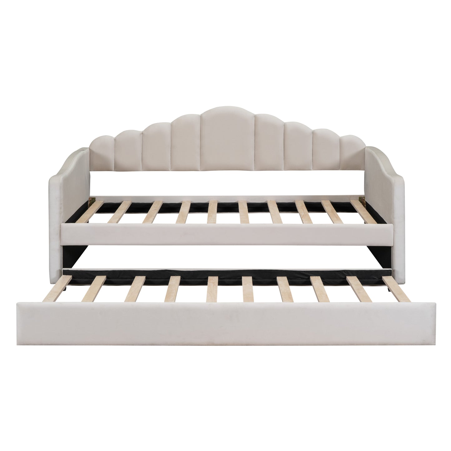 Twin Size Upholstered Daybed With Trundle ,Velvet Sofabed With USB Charging Ports,No Box-spring Needed,Beige