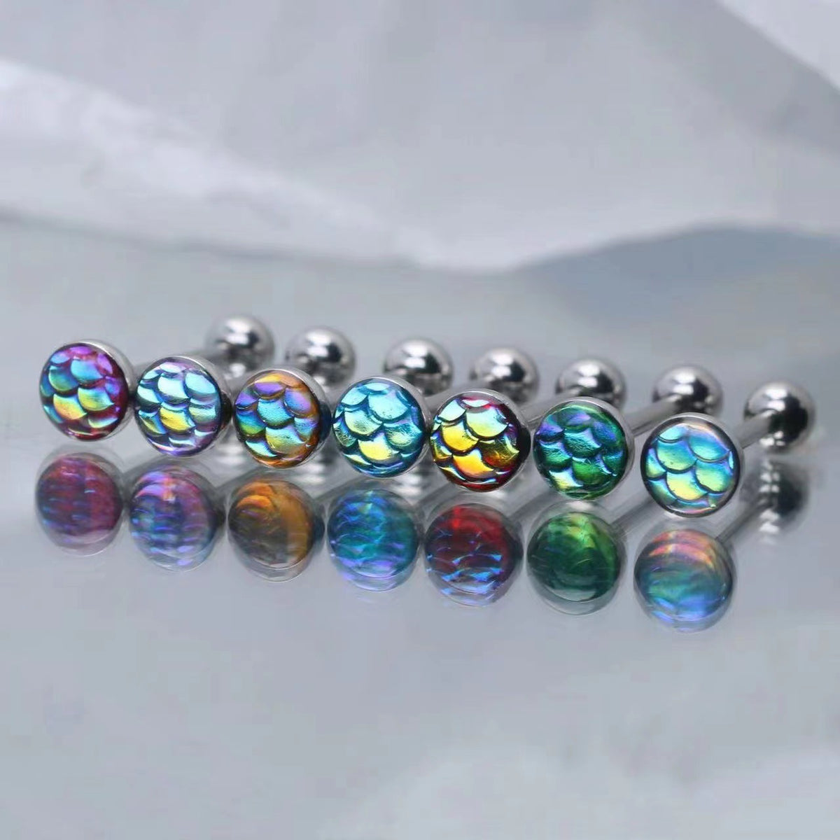 Beauty Fish Scale Dripping Oil Tongue Nail Gradient Colorful Scale Tongue Ring Stainless Steel Body Piercing Jewelry