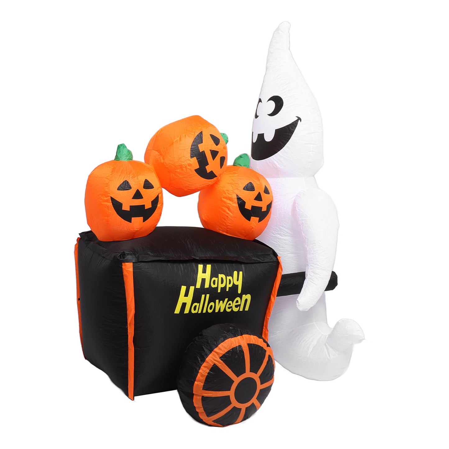 6ft Halloween Inflatable Ghost Pushing Pumpkin Cart Decor IP44 With Blower LED Lights Outdoor Inflatable Decoration US Plug 100‑240V