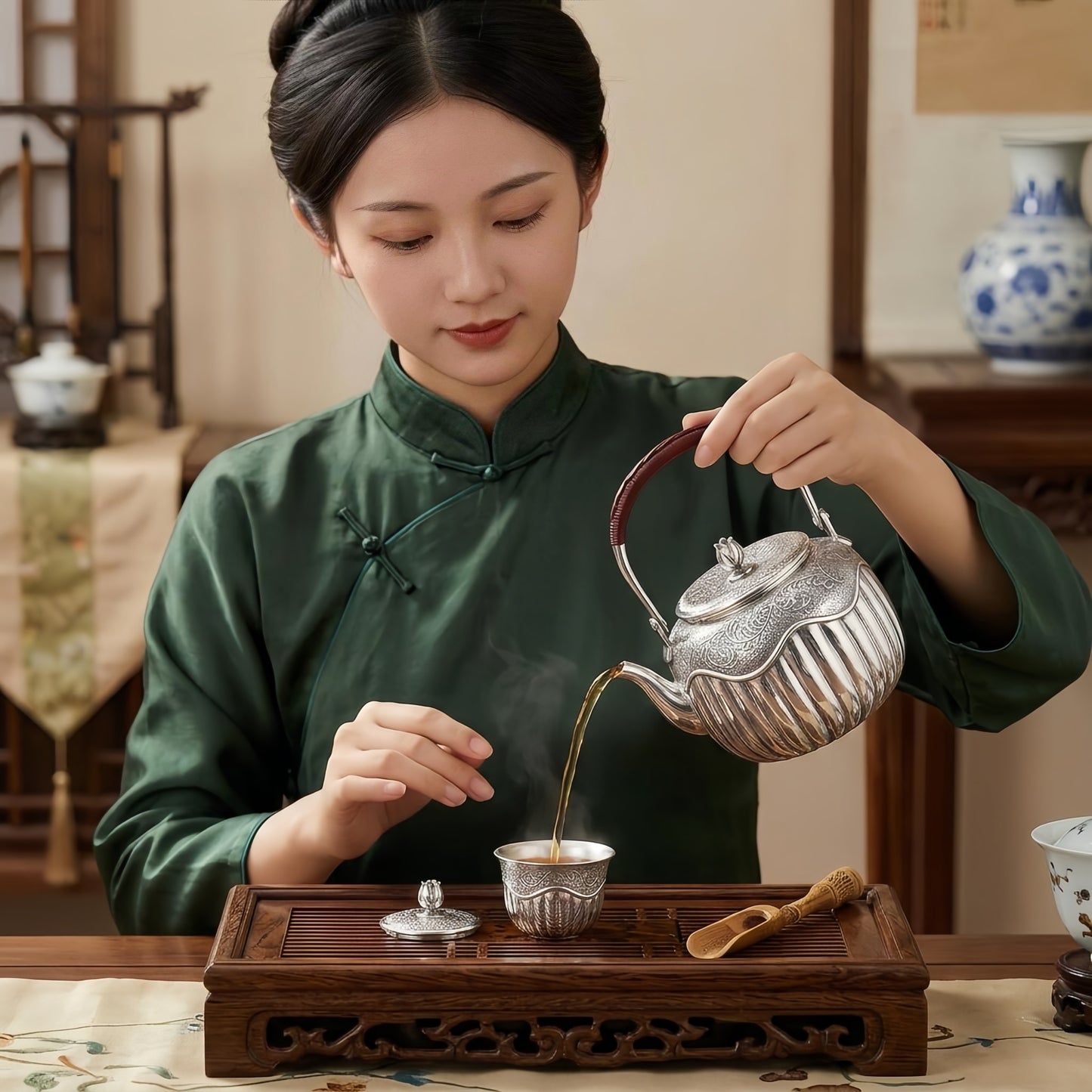 925 Sterling Silver Ornate Hand-Engraved Silver Teapot with Ribbed Body and Rattan Handle - Handicraft