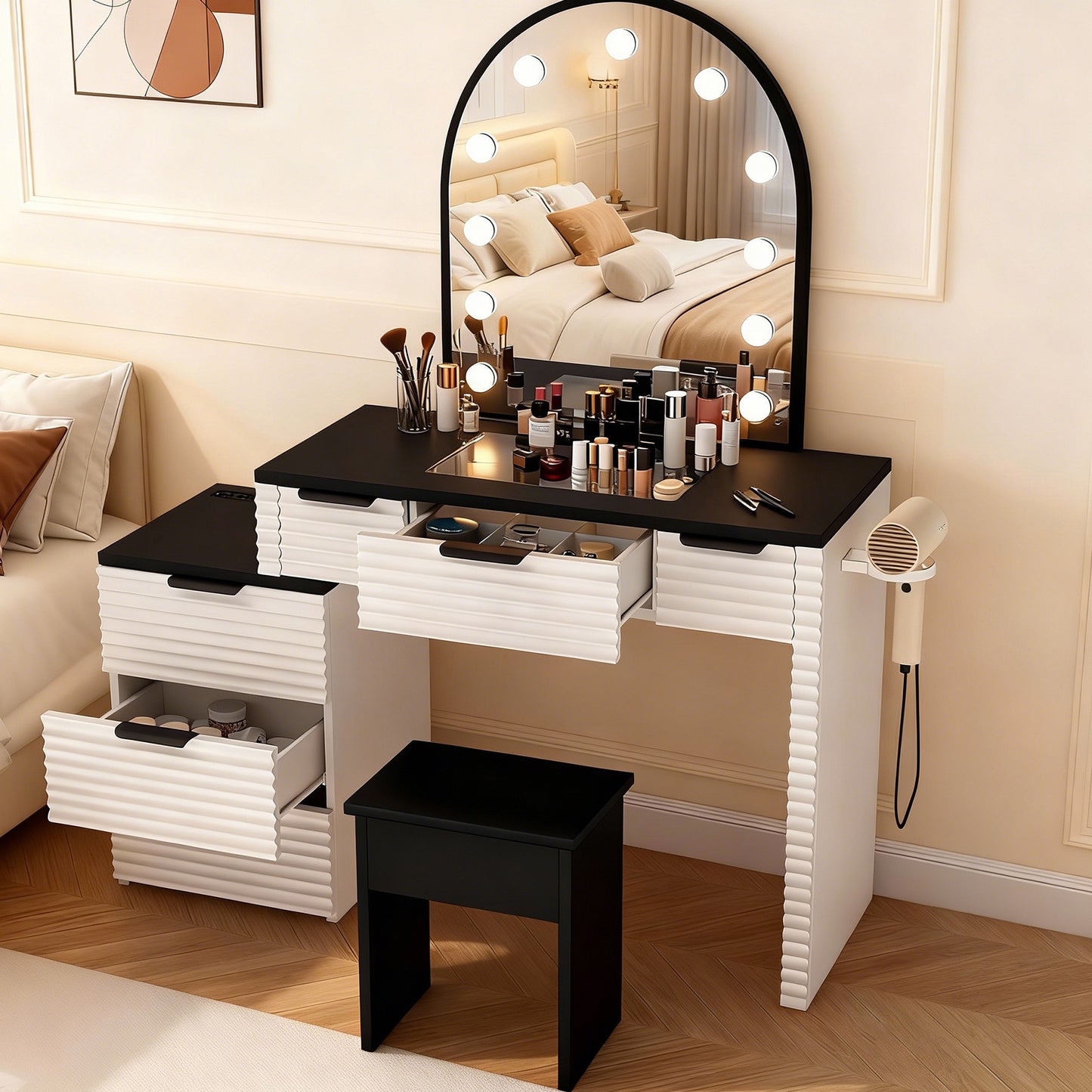 Modern Vanity Desk Chair Set With Mirror Light Fashionable 3 Lighting Modes Adjustable Makeup Table With Glass Top Power Outlet And 6 Drawers For Home Bedroom Salon