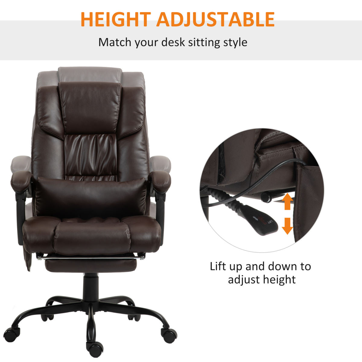 Massage Office Chair With 6 Vibrating Points, High Back Reclining Office Chair With Footrest And Remote, Brown