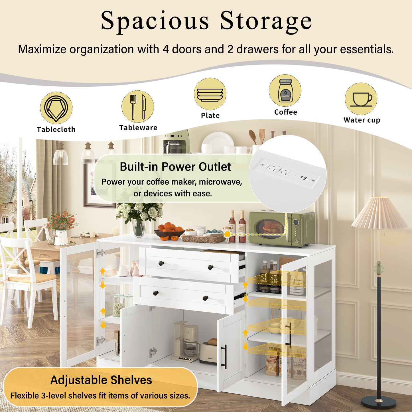 U- Style 58.3 Modern Buffet Sideboard With 4 Doors & 2 Drawers Adjustable Shelves Power Outlet Acrylic Panels Aluminum Alloy Handles Storage Cabinet For Dining Room Living Room And Kitchen