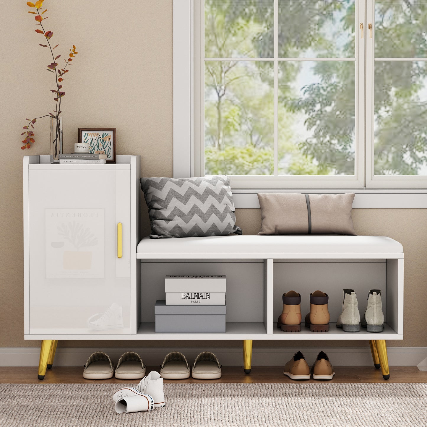 White High-gloss Cabinet Door With Storage Entrance Shoe Cabinet, Multi-level Shelf With Upholstered Seat, Shoe Changing Bench With Cabinet Gold Accessories For Entrance, Hallway, Living Room, Bedroom
