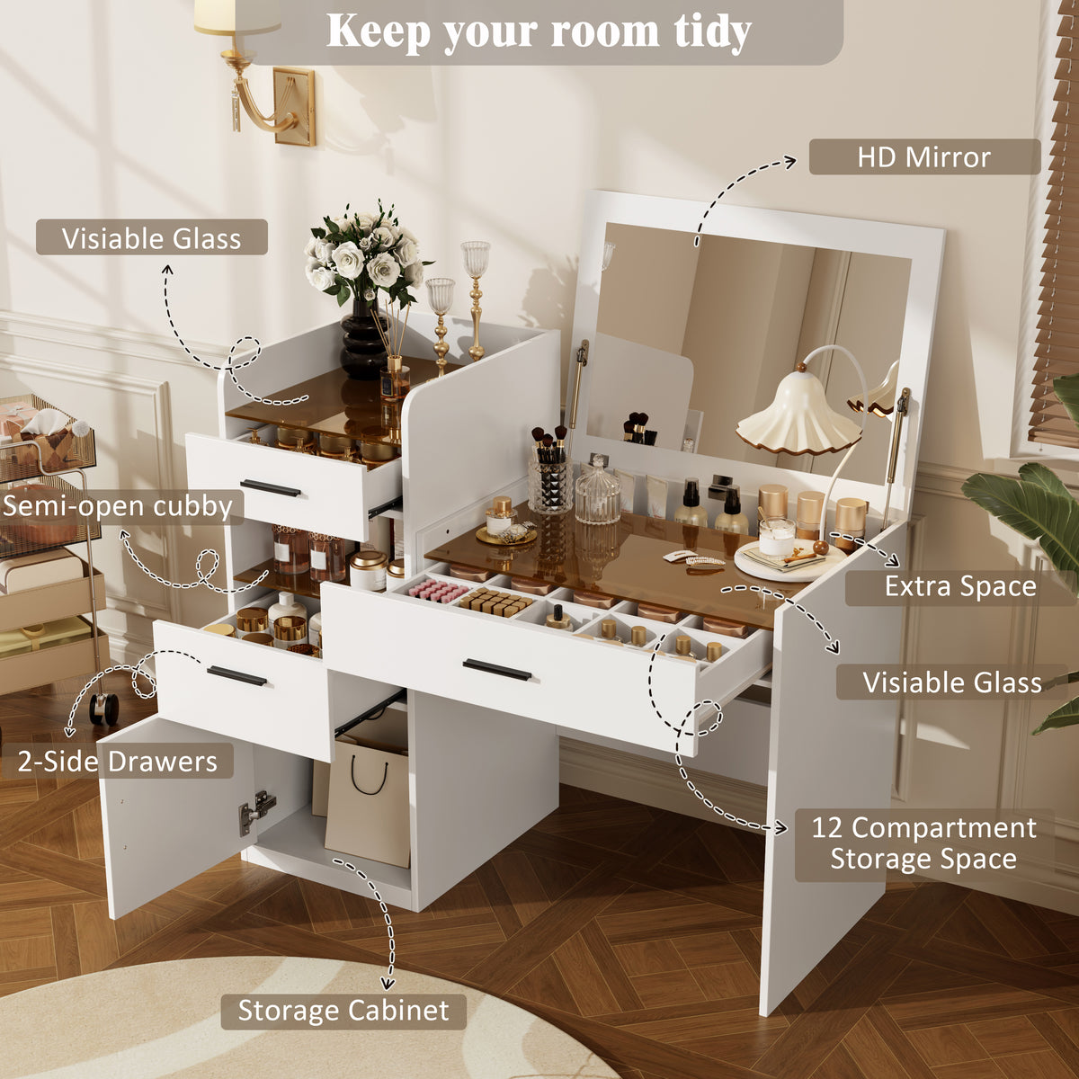 3-in-1 Vanity Desk With Flip Top Mirror, Glass Top Compact Makeup Vanity & Hidden Storage, Vanity Table With 3 Drawers And Cabinet, Space-Saving Dressing Tablefor Bedroom, White