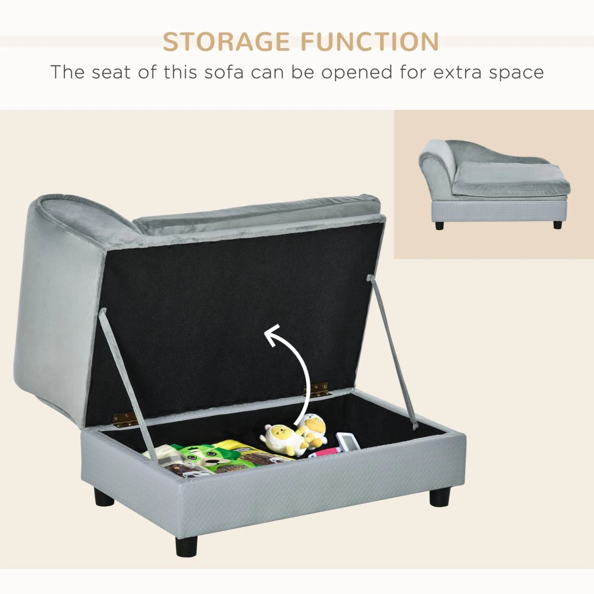 Luxury Dog Bed For Small Dogs, Hidden Storage, Soft Foam Couch, Modern Pet Furniture, Grey