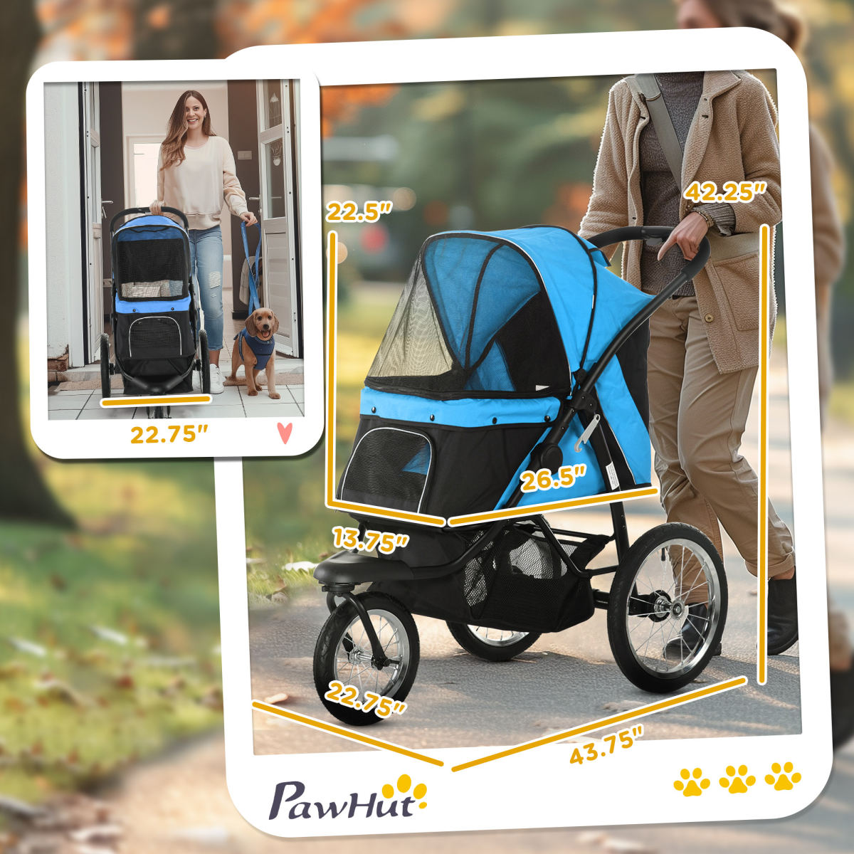 3 Wheels Pet Stroller for Small Dogs and Medium Dogs with Adjustable Canopy, Safety Tether, Storage Basket, Blue