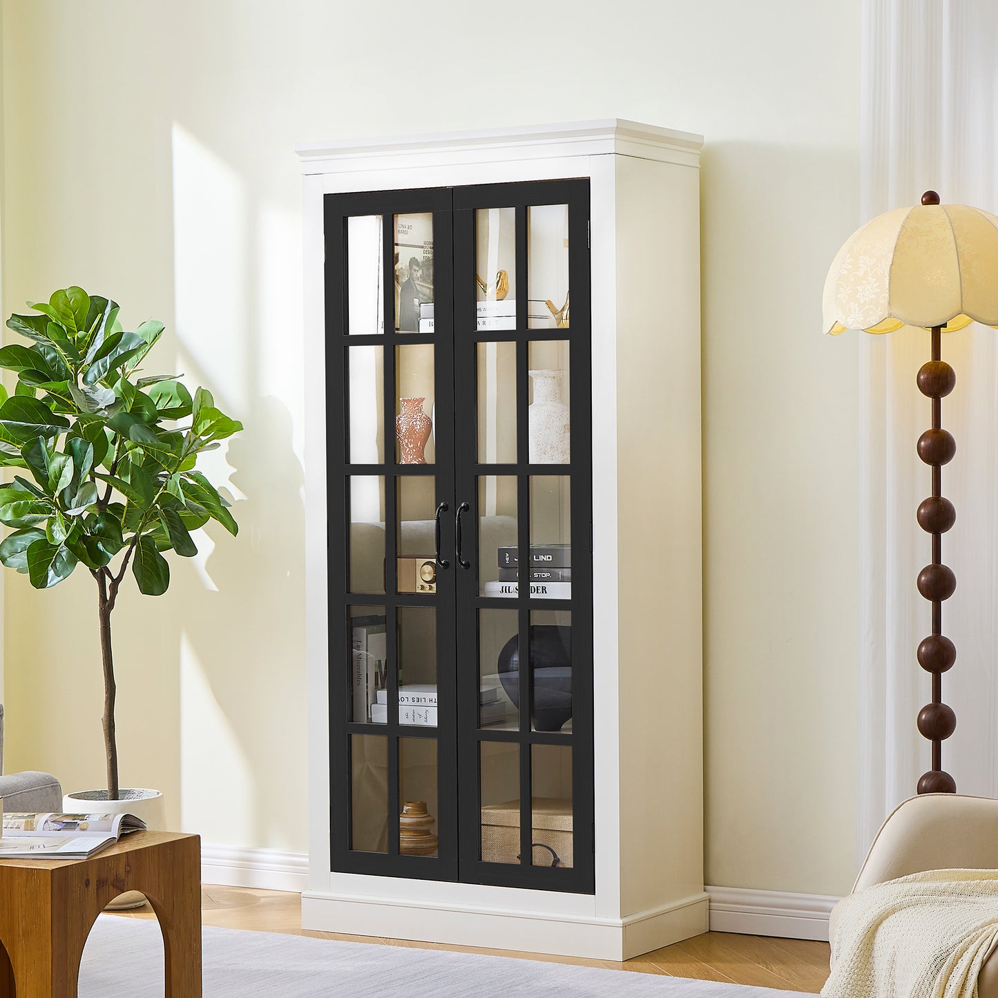 71.2 Freestanding Glass Door Pantry, Farmhouse Style Display Cabinets, Curio Cabinet With Lattice Window For Hallways, Livingroom Kitchen & Office, White & Balck
