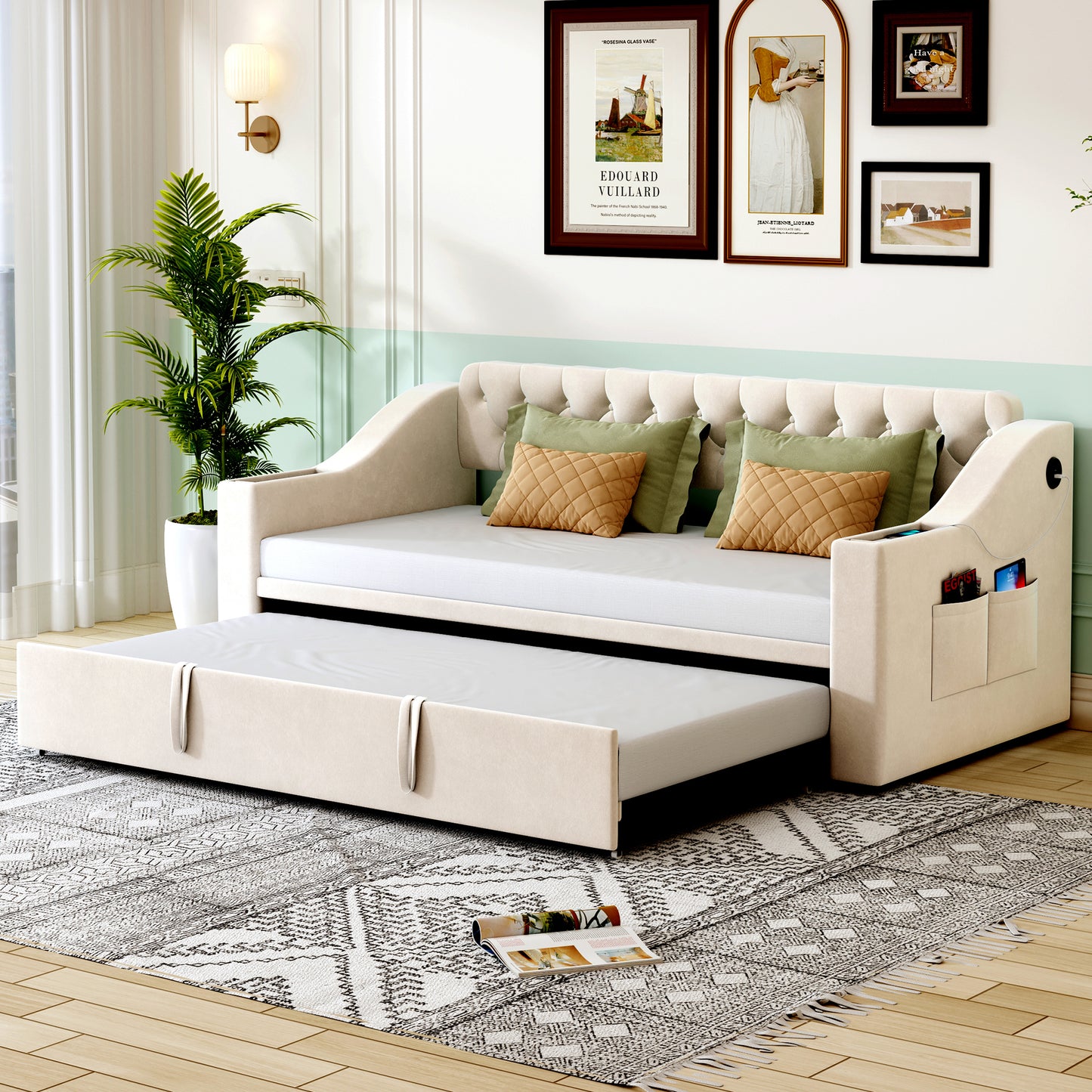Upholstered Bed Sofa Bed, 90 180x190 Cm, Wider And Thicker Armrests With USB Charging Port, Integrated Shelf In The Armrests, With Storage Pockets, With Slatted Base, Velvet Fabric, Beige