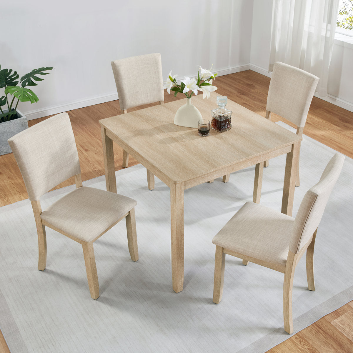 Modern 4 Person Dining Table Set with 4 Chairs, Dining Table Set for 4 People, 5-piece Wooden Dining Table Set for Living Room, Kitchen and Dining Room, Light Oak + Beige