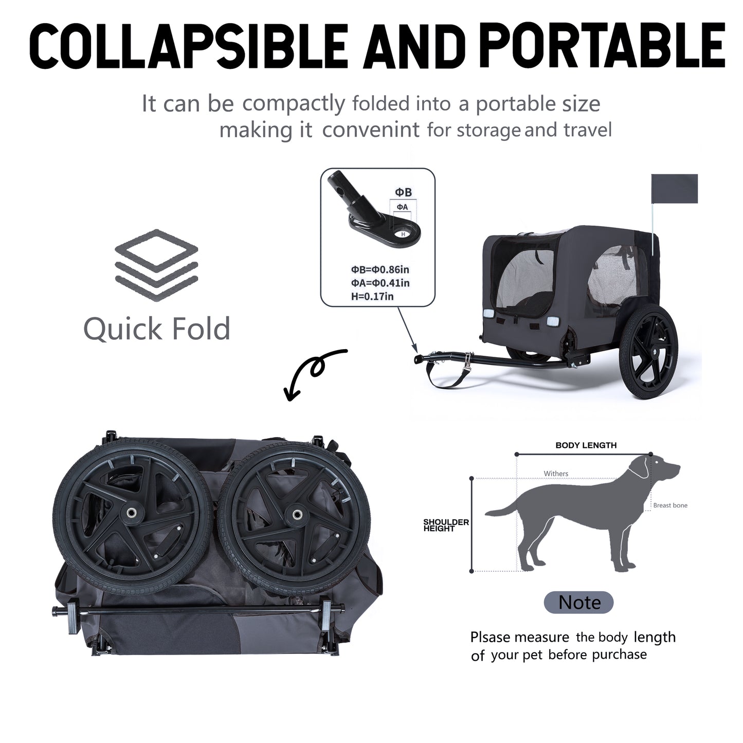Outdoor Heavy Duty Collapsible Pet Bike Trailer With 16-Inch All-Terrain Wheels & Universal Hitch - Foldable Dog Cargo Carrier Cart For Bicycles, Black Dark Gray