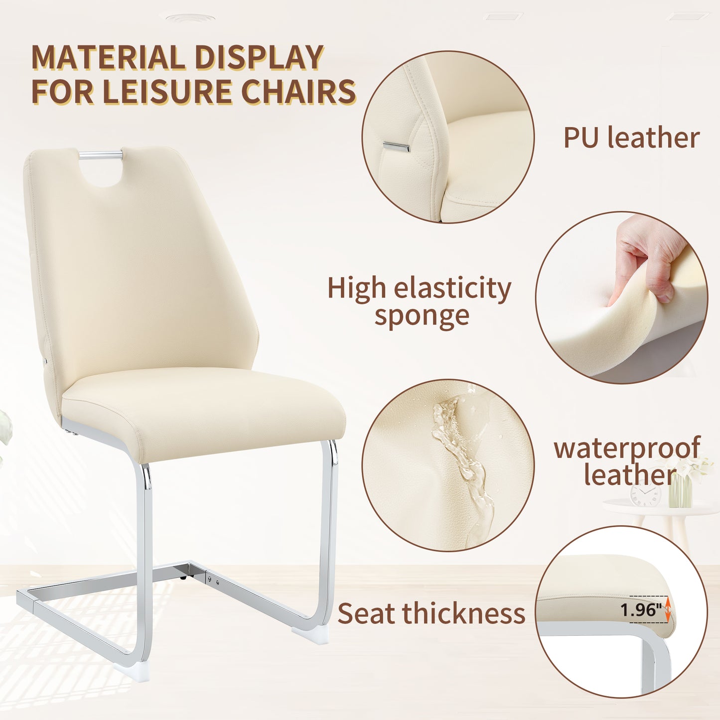Dining Chairs Set Of 2, Off White Faux Leather Kitchen Chairs With Gold Mesh Texture, Silver Back Ring And Chrome Pull Handle, High Back Upholstered Dining Room Chair Off White, Set Of 2